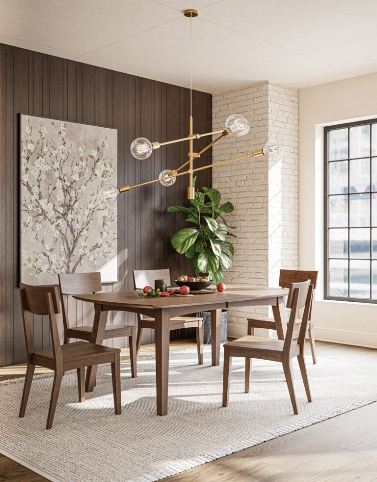 FN Barlow Room table and chairs Setting Brown Maple Almond