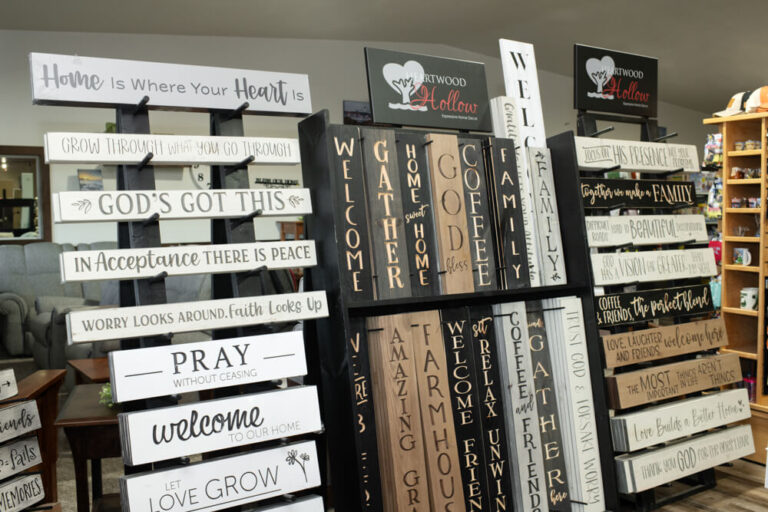 painted signs on shelves at west bench home furnishings